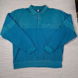 Vintage Knightsbridge Men XL Teal Ribbed Long Sleeve Polo Shirt Sweater 80s 90s